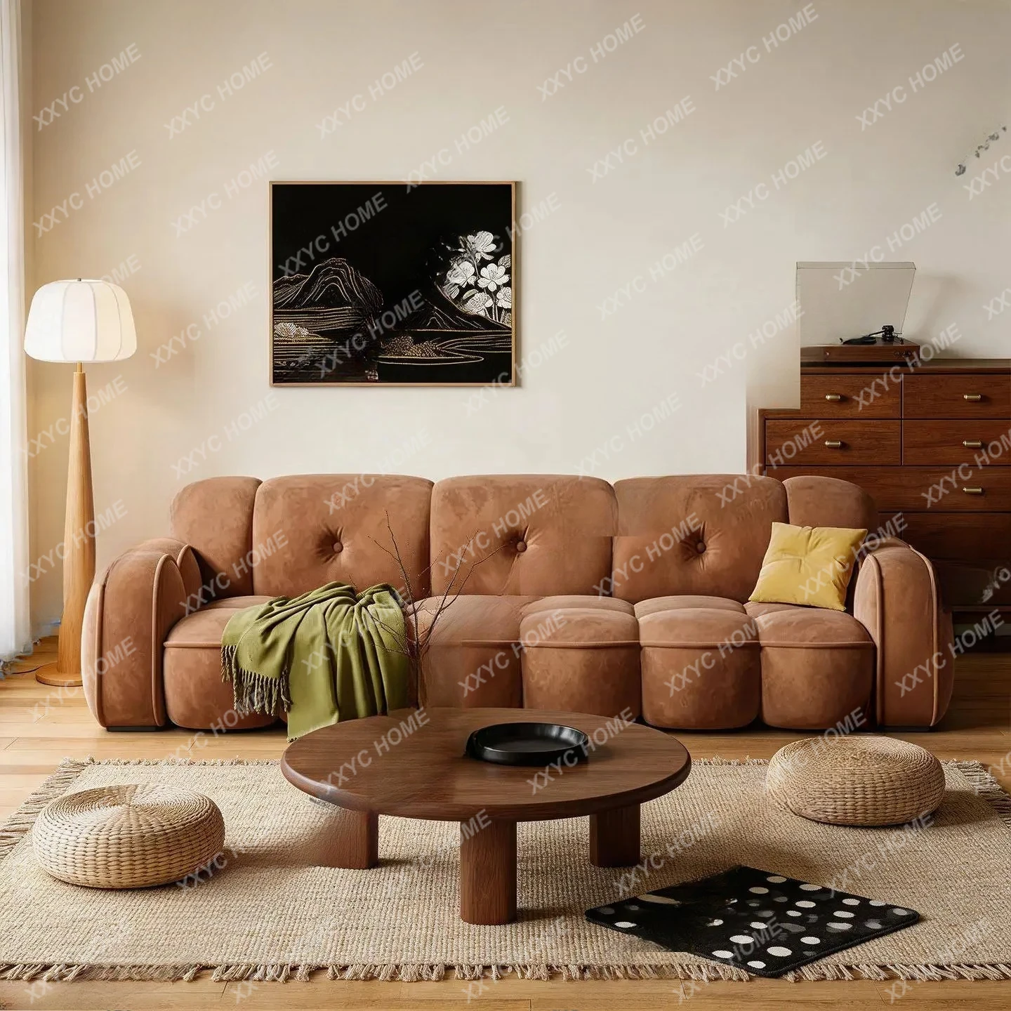 retro living room small apartment cream style antique straight row caramel color fabric sofa