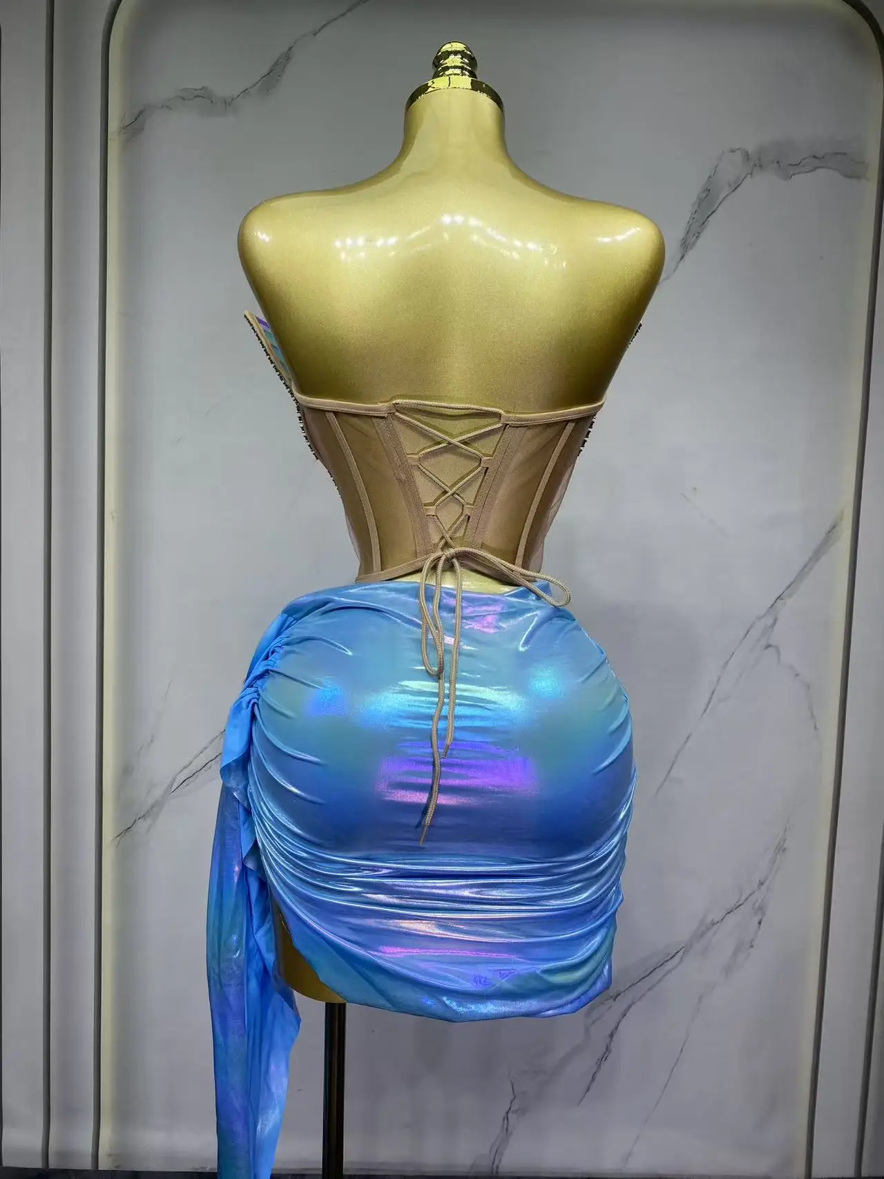 2025 Sparkly Gold Sequin Sexy Top Two Pieces Set Women Celebrate Party Birthday NightClub Performance Dancer Show Stage Outfit
