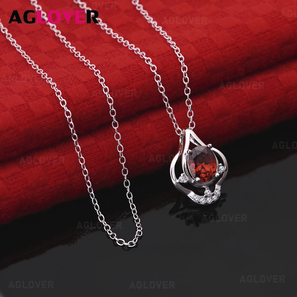 

AGLOVER 925 Sterling Silver Geometric Red Zircon Pendant Necklace Women's Unique Gift All-match Party Jewelry