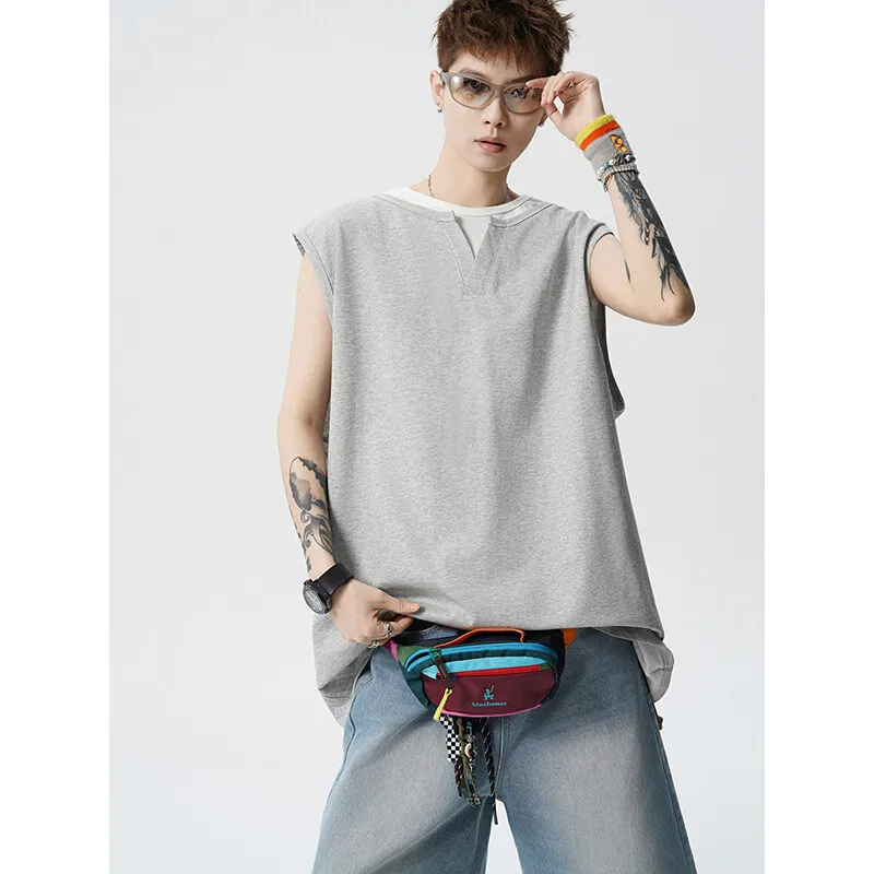 

Men's plus Size Layered V-Neck Sleeveless Shirt Sporty Tank Top with Mock Two-Piece Design Breathable Workout Vest Casual Wear