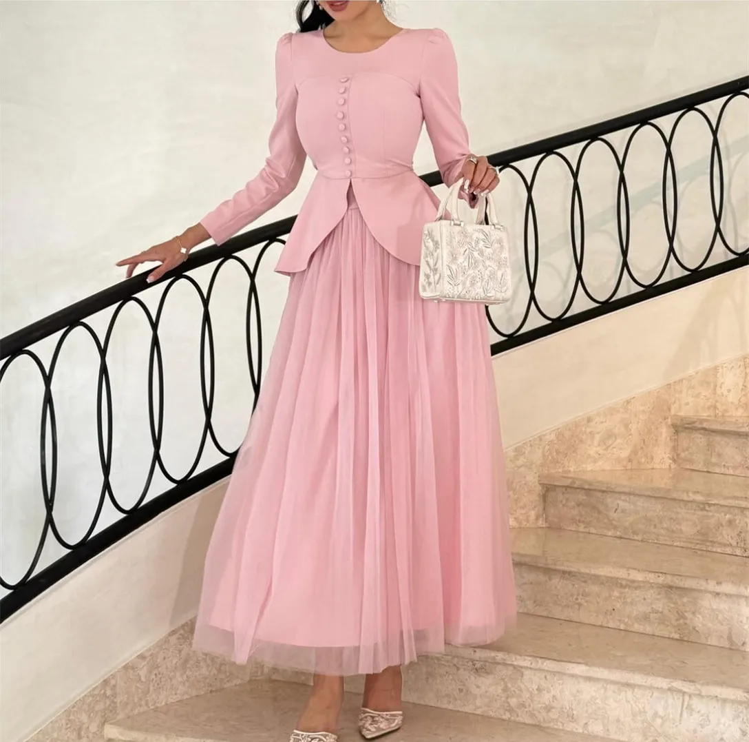 

Customized Short Pink O-Neck Evening Dresses Crepe A-Line Long Sleeve Tulle حزب اللباس Ankle Length Prom Dresses for Women