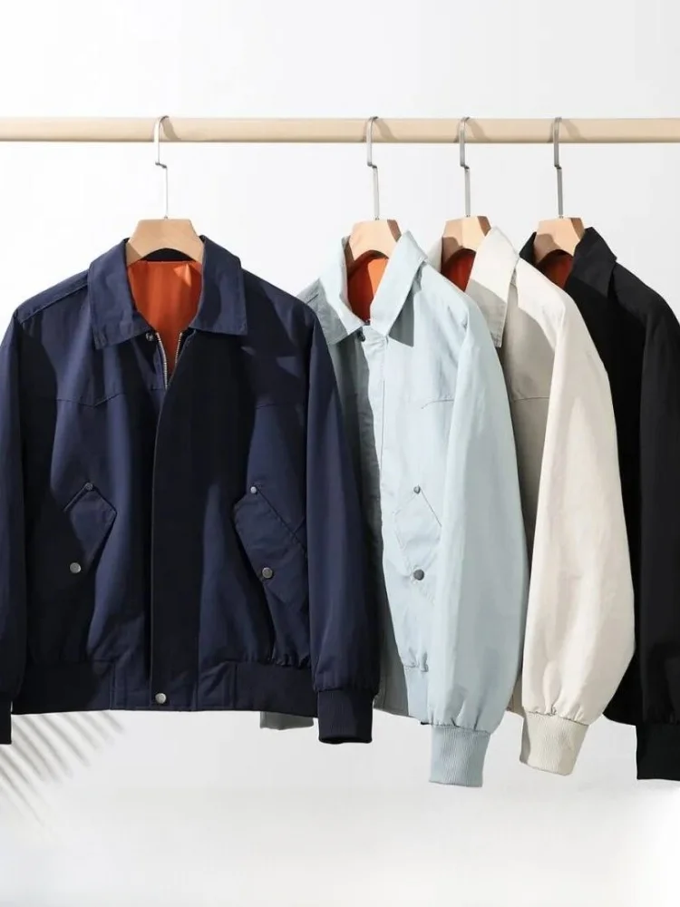 

American High Street Style Men's Fashionable Retro Casual Lapel Jacket Spring Breathable Loose Fit Zipper Closure Cotton Blend