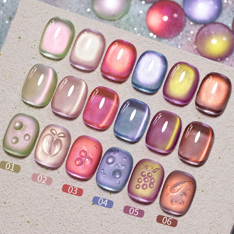 Esmalte de uñas magnético serie PUENTE Fruit, colores verde, morado y rosa, efecto ojo de gato, semipermanente UV 6