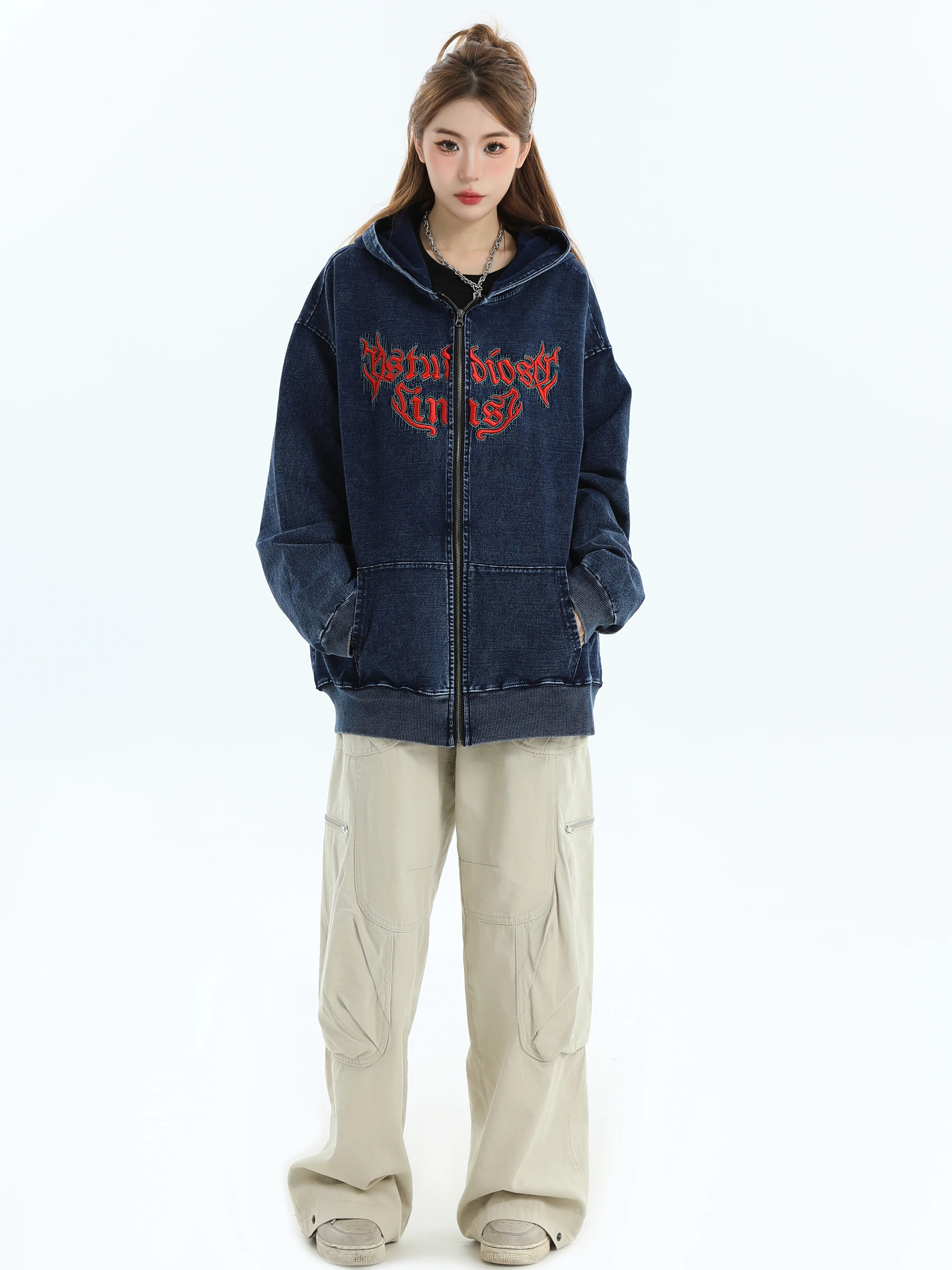 American Fashion Gothic Embroidery Denim Sweatshirt Loose Cardigan Jacket