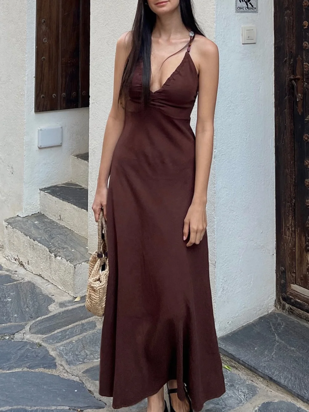 

Summer Vintage Women's Midi Dress V-Neck Beaded Off-Shoulder Maxi Draped Backless Linen Fiber Gown for Warm Weather