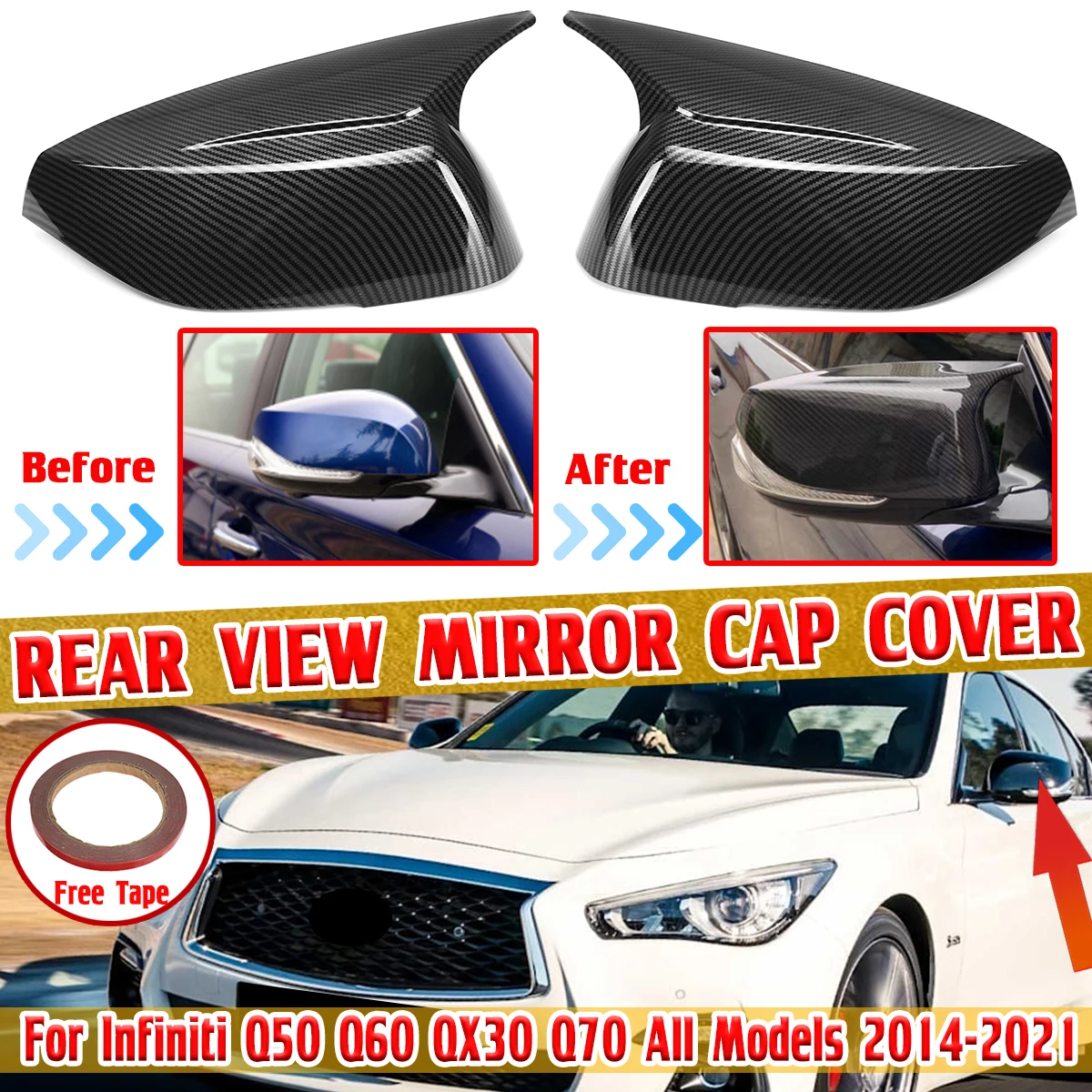 

Pair Glossy Black/Carbon Look Car Side Mirror Cover Shell For Infiniti Q50 Q60 QX30 Q70 2014-21 Add-On Rearview Mirror Cover