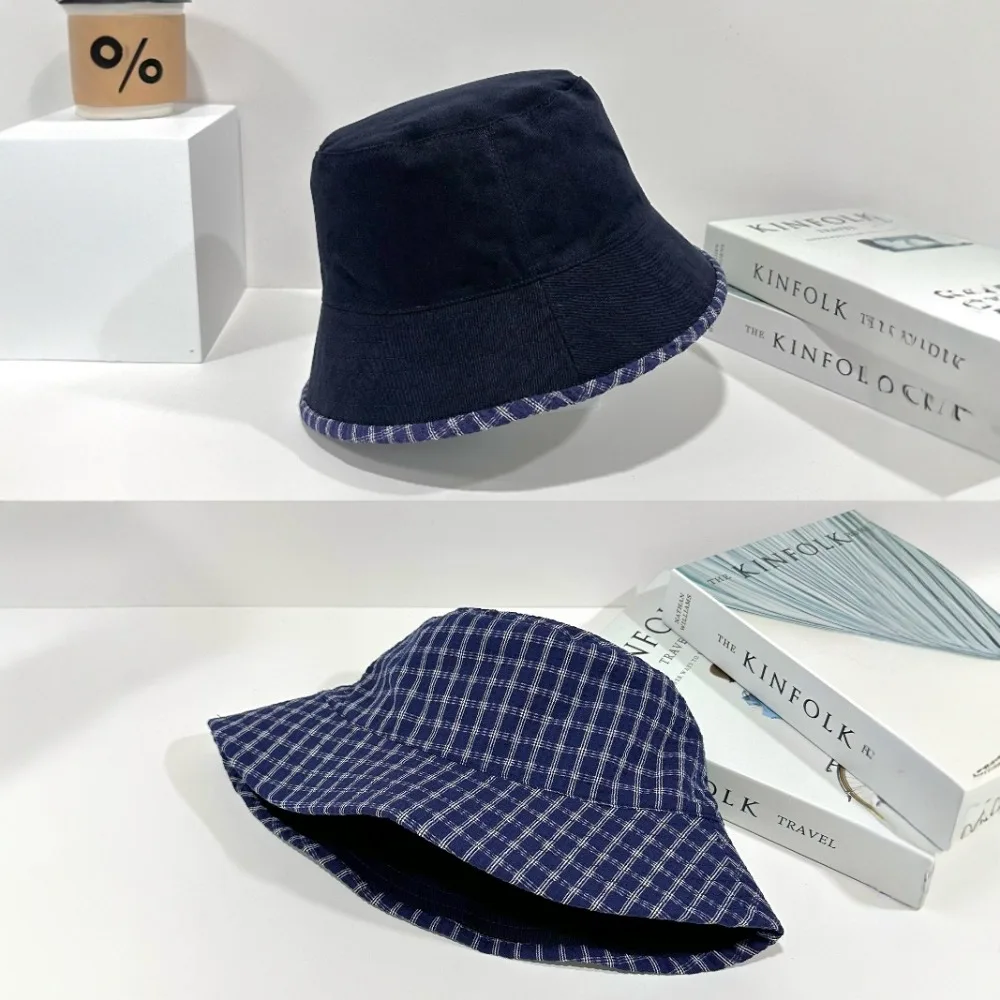 Topi Matahari Kelas Atas dengan Pelindung Matahari Pola Kotak-kotak Topi Nelayan Dapat Dibalik Fashion Retro Kasual Hadiah Liburan Populer