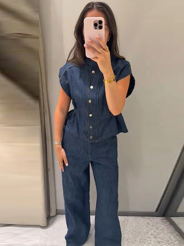 Ärmelloses Jeanswesten-Hosen-Set für Damen mit elastischem Bund, Stehkragen-Oberteil mit Knopfleiste und gerader Hose – Schickes Streetwear-Outfit für die moderne Dame – Detail 10