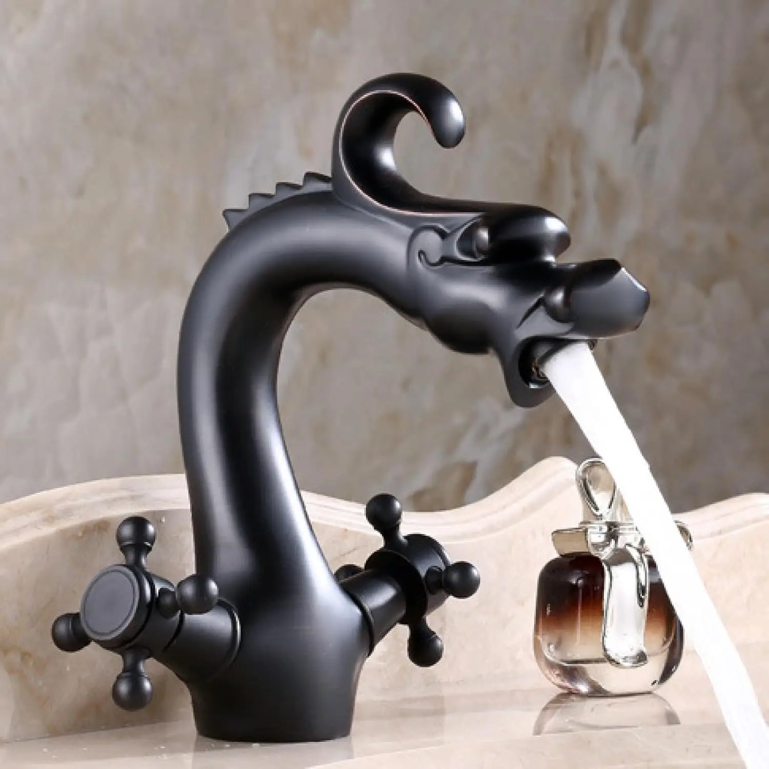Matte Black Dragon Waterfall Bathroom Faucet 2 Handles Sink Faucet Vanity Sink Faucet for Vintage Antique Lavatory Kitchen