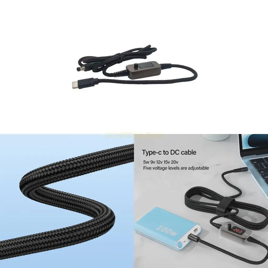 F62C PD100W Type C To DC5.5x2.5mm Power Cable  Intelligent Display Adjustable Output For Office Travel Home Electronics