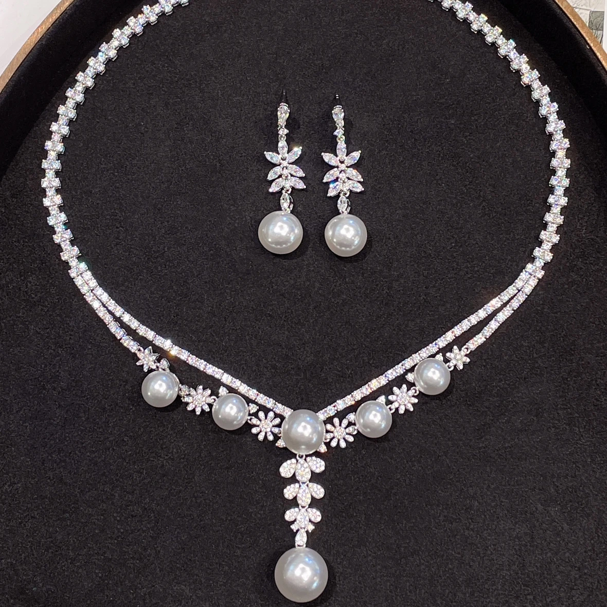 

Cumee Long Style White Light Round Artificial Australian White Bead Pearl Earrings Necklace. 925 Silver Gold-plated