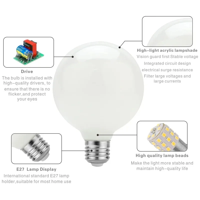 Bombilla de cristal lechoso G80 G95 G125 E27 5W bombilla LED Edison AC110V 20V bombilla redonda lámpara blanca fría/cálida LED Control de sonido AC 85V-265V