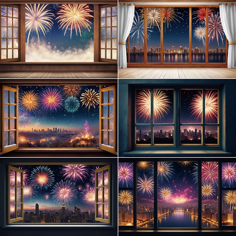 

MOON.QG 2025 New Year Fireworks Background Photography Window Night Christmas Photocall Backdrop Children Studio Photocall Props