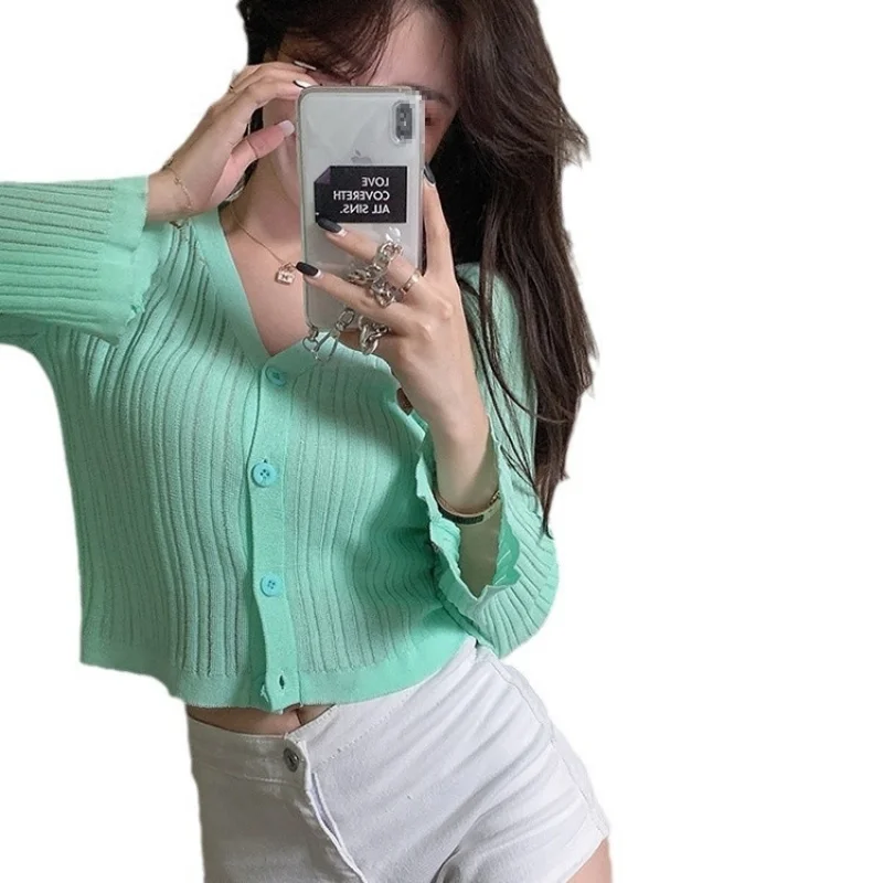 

vCollared knitted cardigan, thin jacket for women, summer short top, paired with a suspender skirt and sun protection shirt