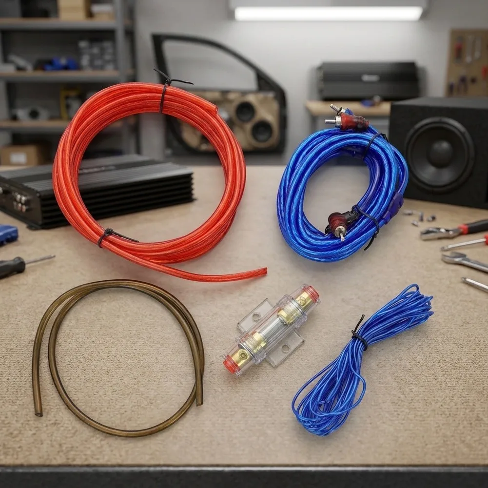 Car Wiring Kit 1500W 8GA Power Cable 5. Red Transparent with 60AMP Fuse Holder Gold Interconnect Ground Cable Car
