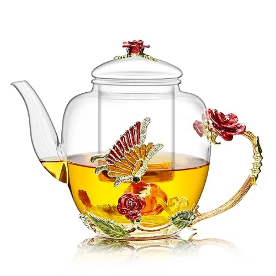 Tetera de esmalte grande de 46oz/1300ml con infusor, tetera de cristal floral con infusor extraíble de mariposa y flores para té en flor y té a granel