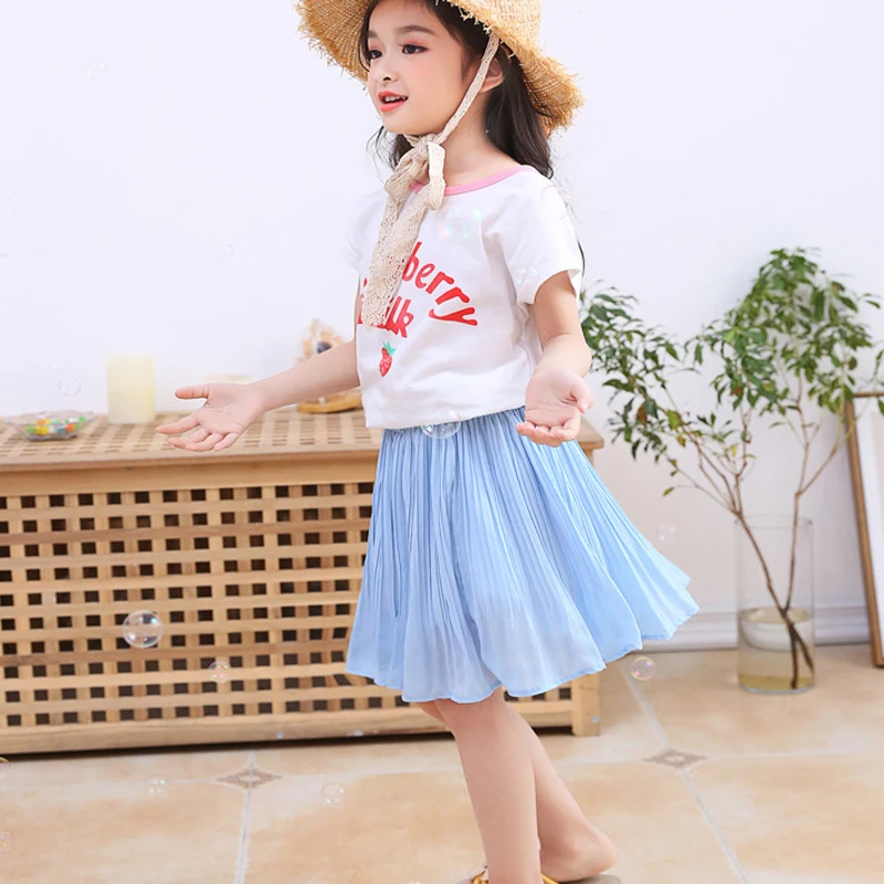 Children Chiffon Solid Princess Pleated Skirt Sweet Big Kids Tutu Skirts with Safety Pants Elastic Waist Mini Skirt for Girls