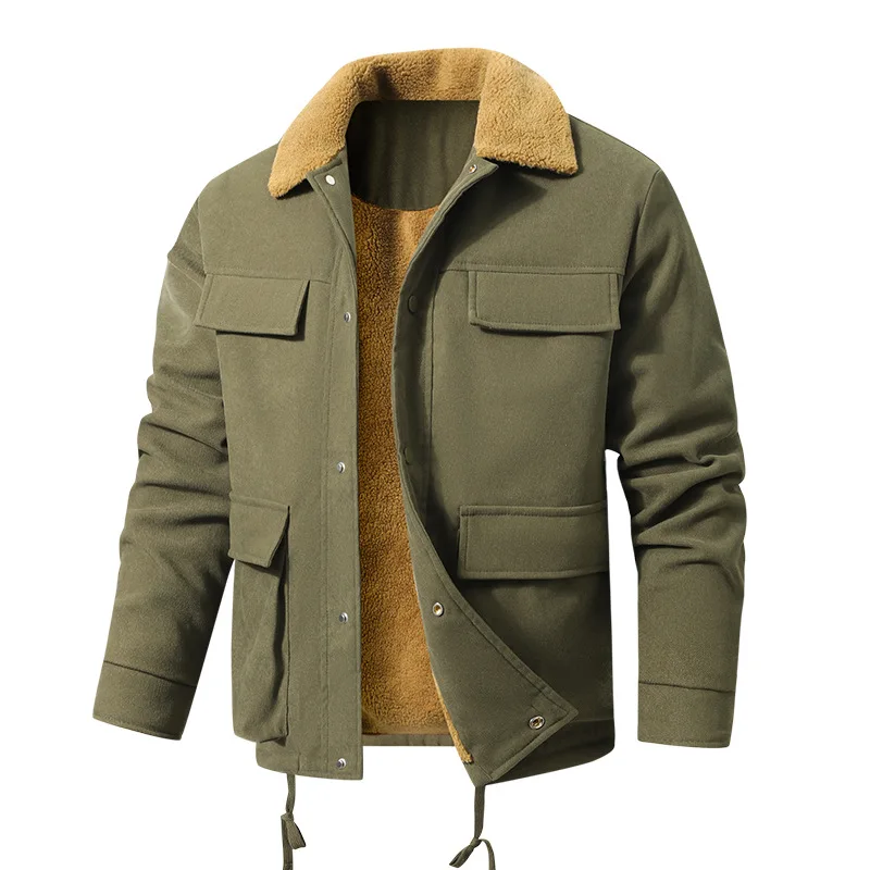Retro collar warm short jacket for men Winter inner fleece warm casual jacket Durable multi pocket workwear cotton