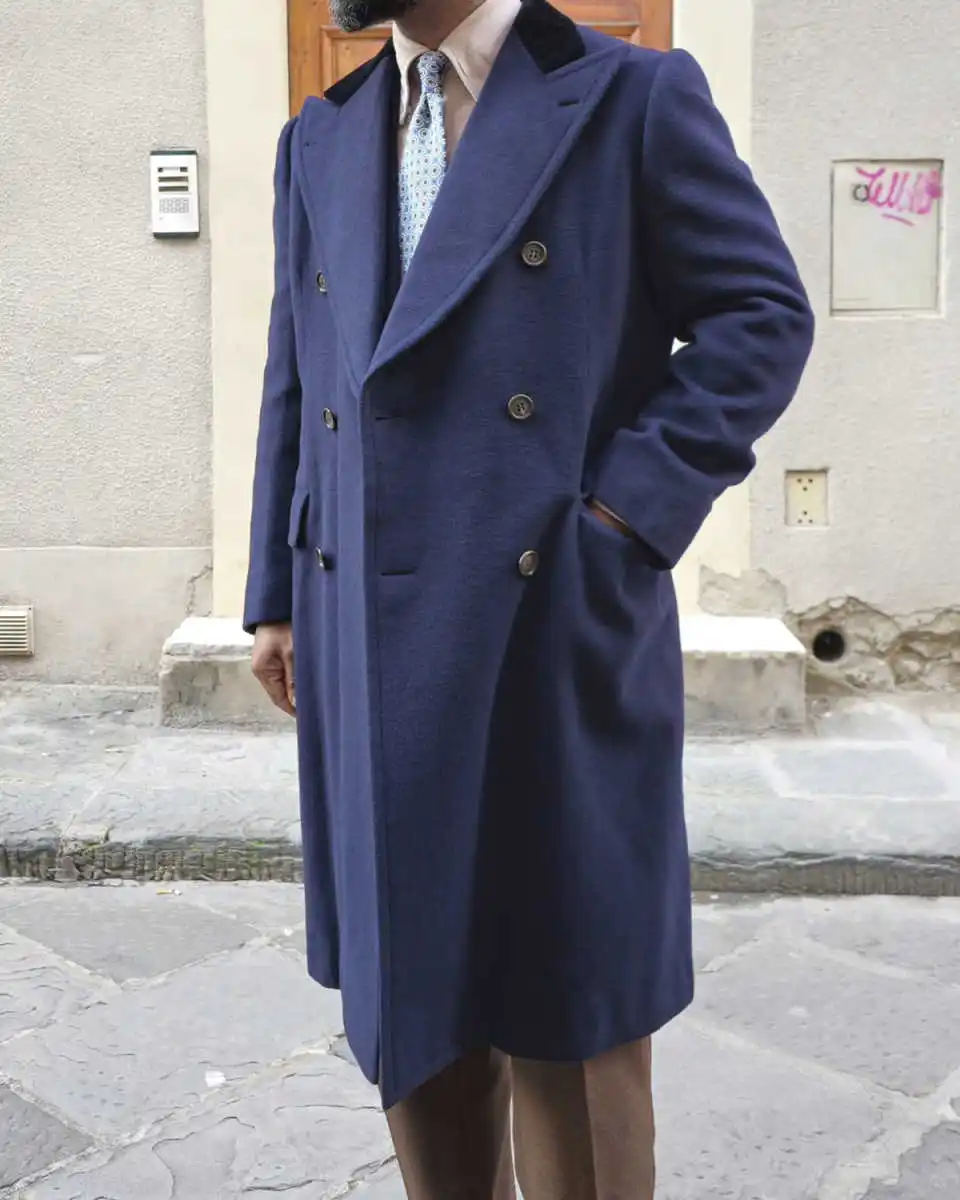 Autumn Winter Men Long Coat Double Breasted Wool Blends Male Business Blazers Peaked Lapel Velvet  Warm Overcoat  Customized