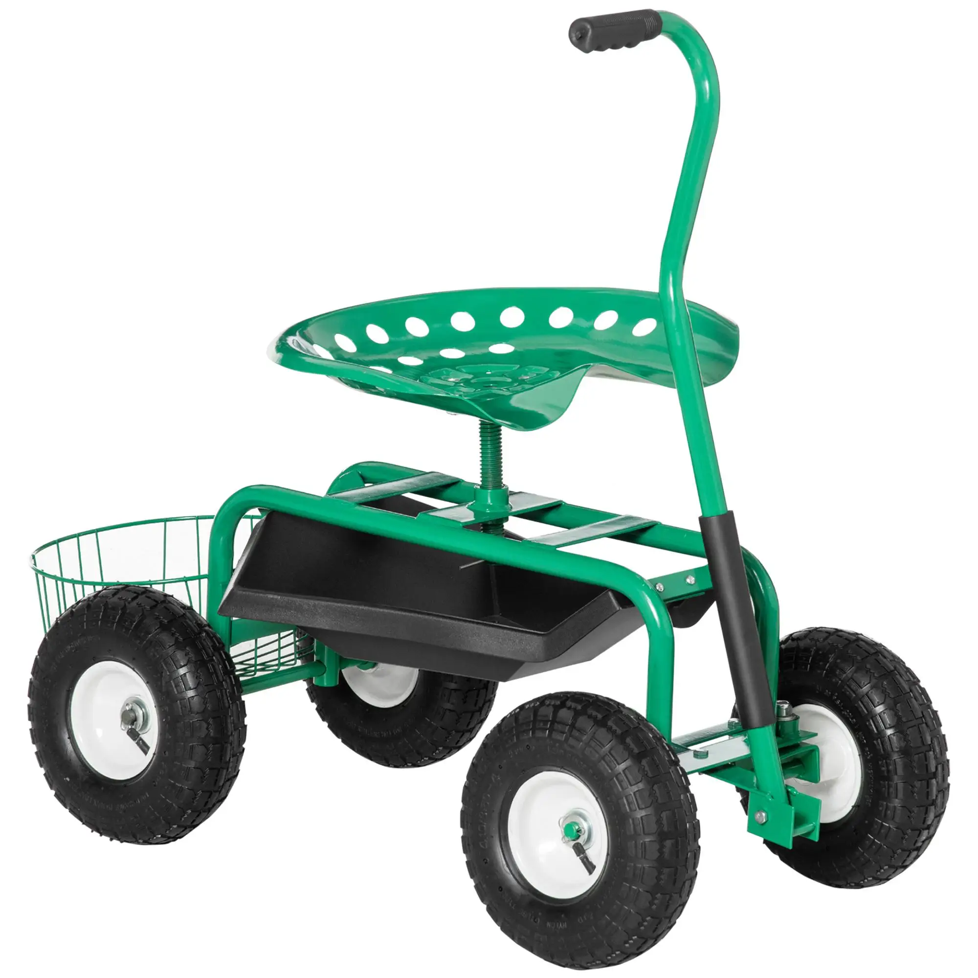 Chariot de jardin avec siège, 4 roues, direction pivotante en métal, hauteur réglable, panier à outils, étagère, capacité de jardinage jusqu'à 150 kg, vert