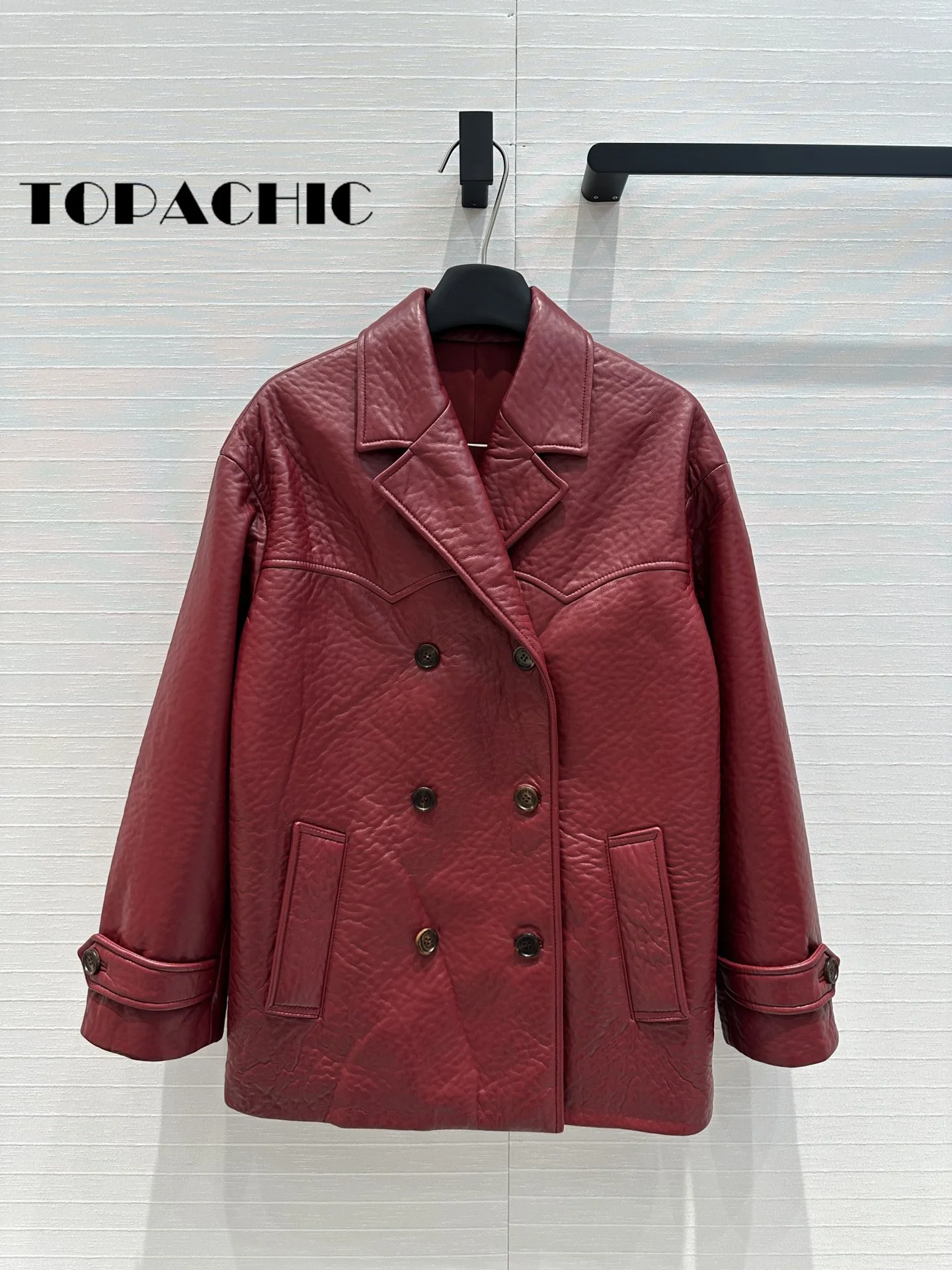 7.15 TOPACHIC-Women Fashion Vintage Double Breasted Sheepskin Blazer Coat Back Letter Brand Lapel Loose Genuine Leather Jacket