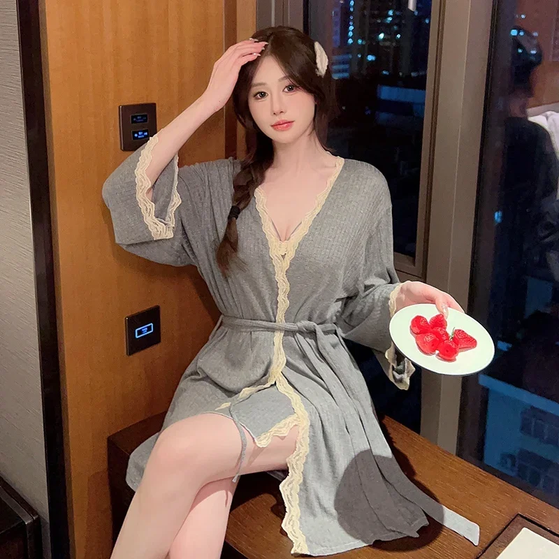 2023 Autumn 2PCS Sexy Lace Lingerie Modal Nightgowns Robes Sets for Women Sleepwear Suit Bathrobes Nightdress Night Dress Nighty