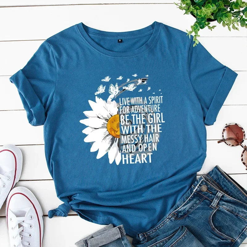 JFUNCY 2024 Summer Women T-shirts Chrysanthemum Inspirational Letter Print Female Short Sleeve Cotton T Shirt Woman Tee Tops