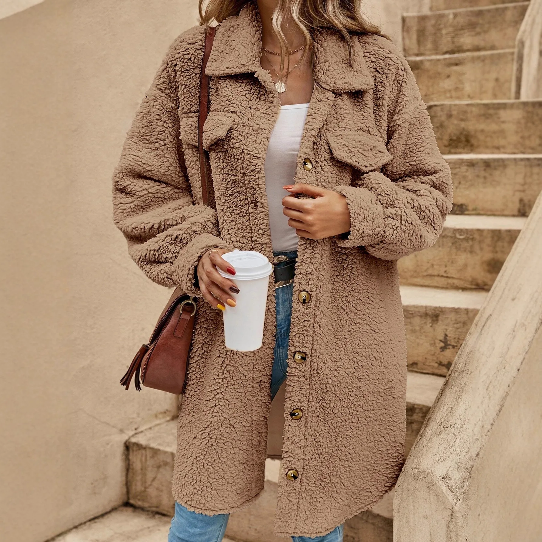 Women's Long Sherpa Fleece Coat Oversized Winter Warm Jacket Button Down Lapel Shacket Outerwear with Pockets