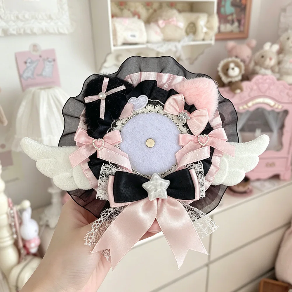 

Sweet Gothic Lolita Badge Holder with Angel Wings & Pink Bow Decor, Cute Brooch Protector for 58mm Collectible Pins