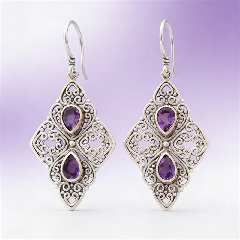Vintage Silver Color Water Droplets Purple Stone Earrings Personality Metal Carving Pattern Geometry Hollow Dangle Earrings