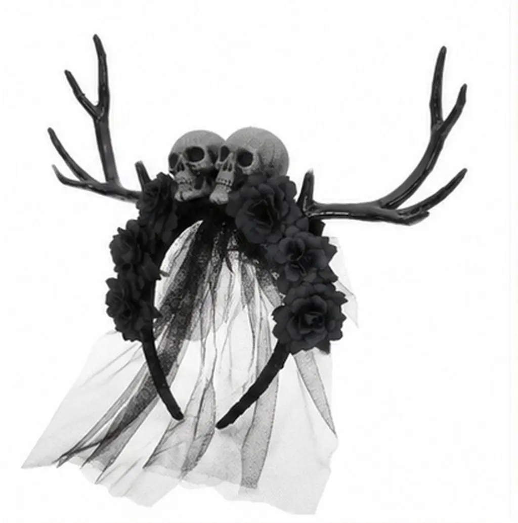 Halloween Antler Headband Gothic Hair Accessory for Women Cosplay Carnival Day of The Dead Skull Flower Decor Light Comfortable