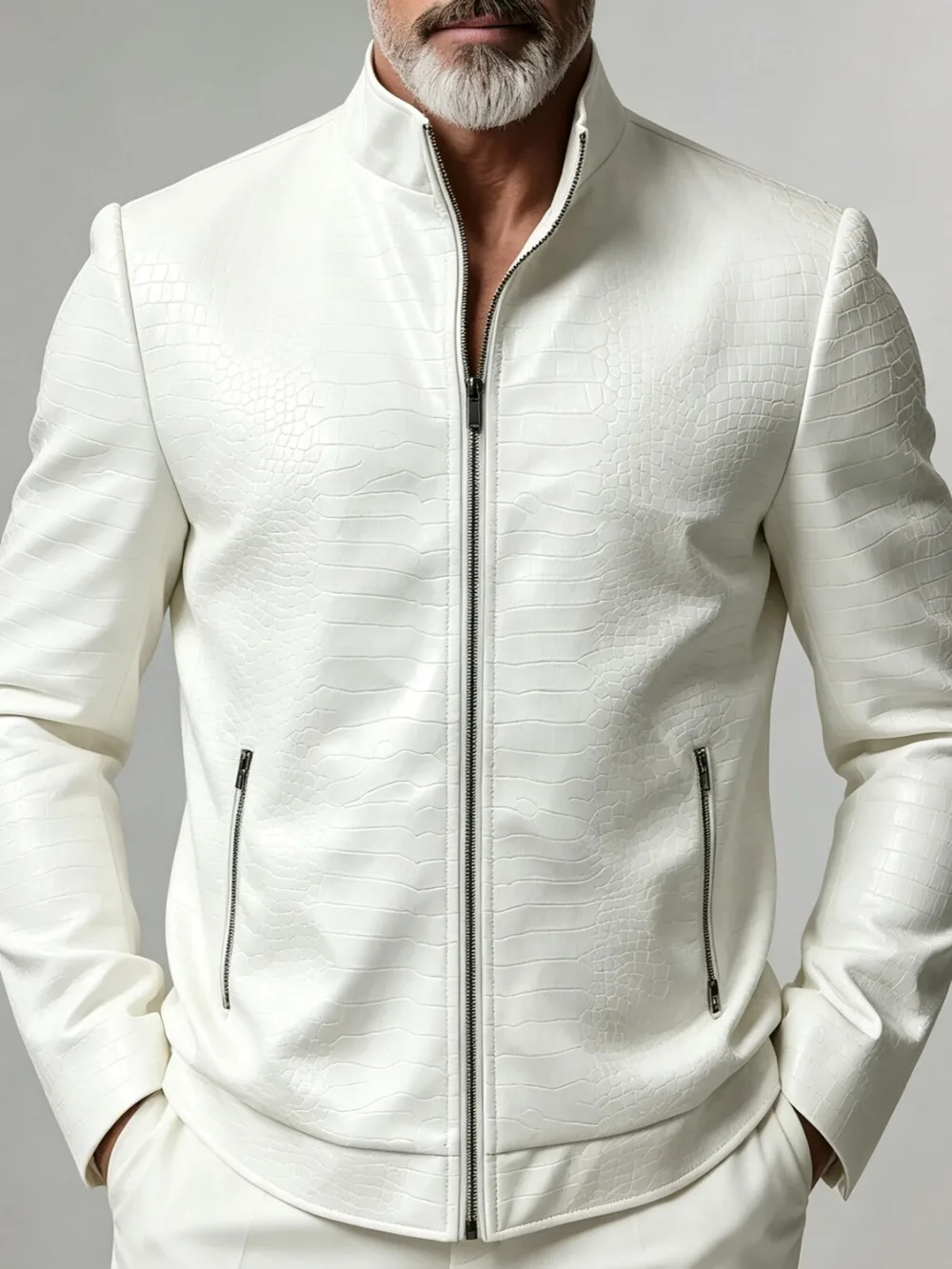 Men's High‑Quality White Crocodile‑Texture Faux Leather Jacket Stand Collar Zip‑Up Casual Coat for Daily Street Fashion Party