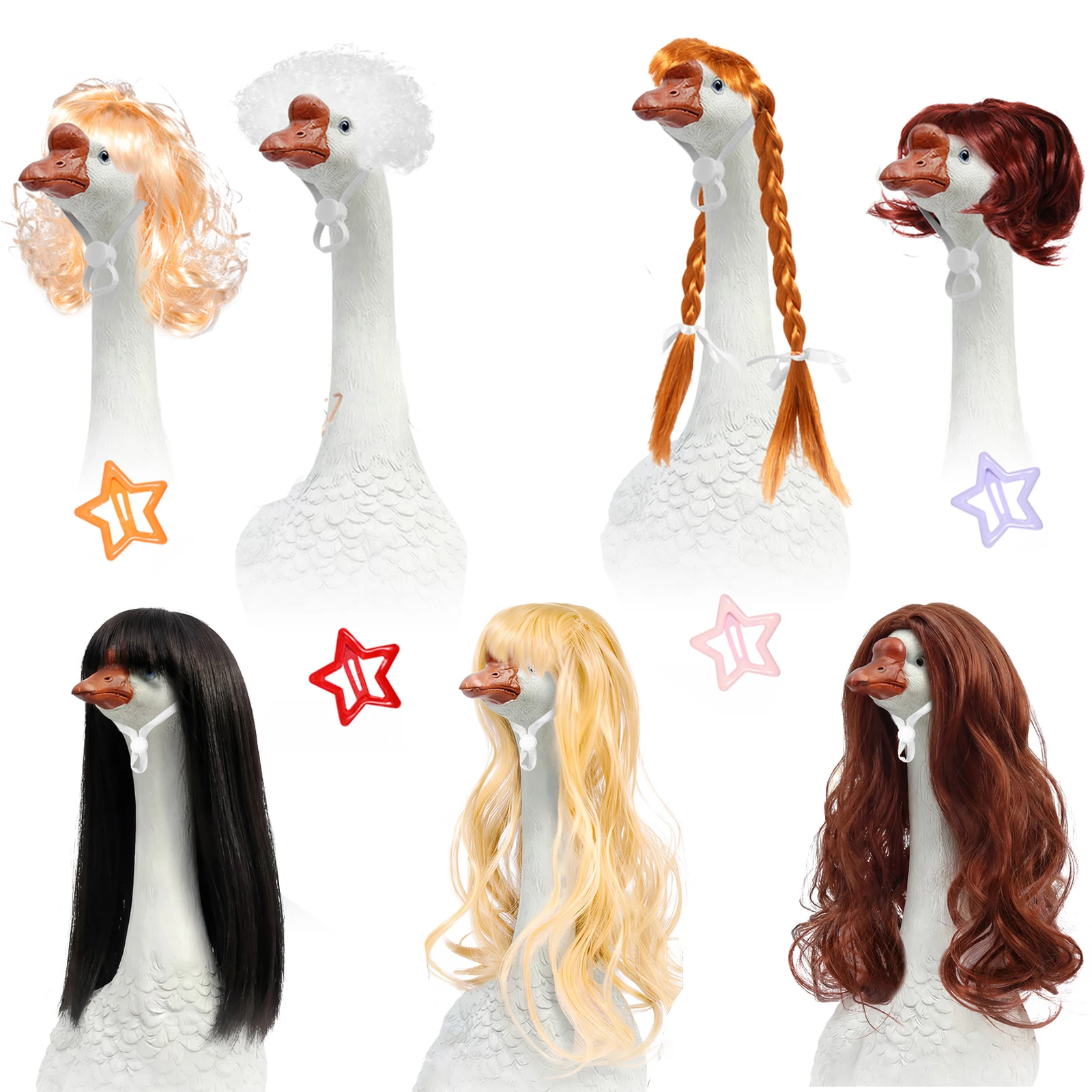 3/4Pcs Porch Goose Wig for 17 Inch and 23 Inch Statue Universal Lawn Goose Wig with Hair Clip Outdoor Statue Decorative
