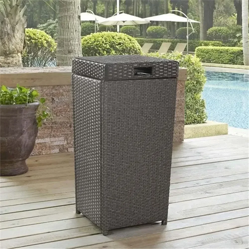 Gray UV-Resistant Resin Wicker Patio Trash Bin with Removable Lid, 32 Tall for Outdoor Waste Management