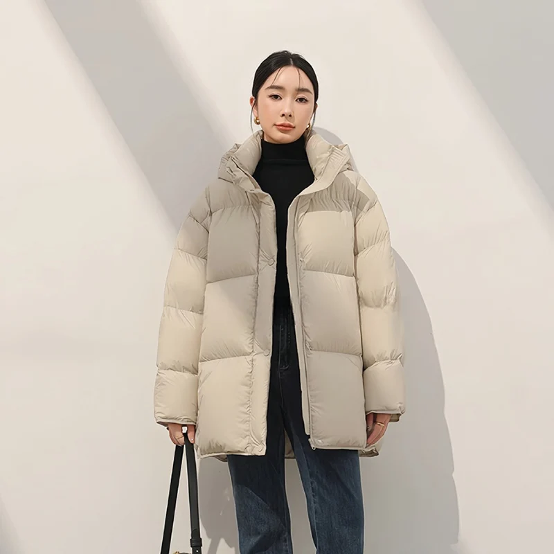 

Winter Mid-Length Padded Cotton Jacket Women New Solid Versatile Puffy Hooded Coat Woman 2025 Korean Thicken Warm Cotton Parkas