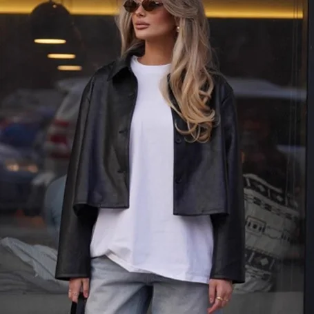 سترة جلدية غير لامعة كلاسيكية للنساء قصيرة أنيقة طية صدر السترة نمط الخريف الشتاء Normcore الوافدين الجدد