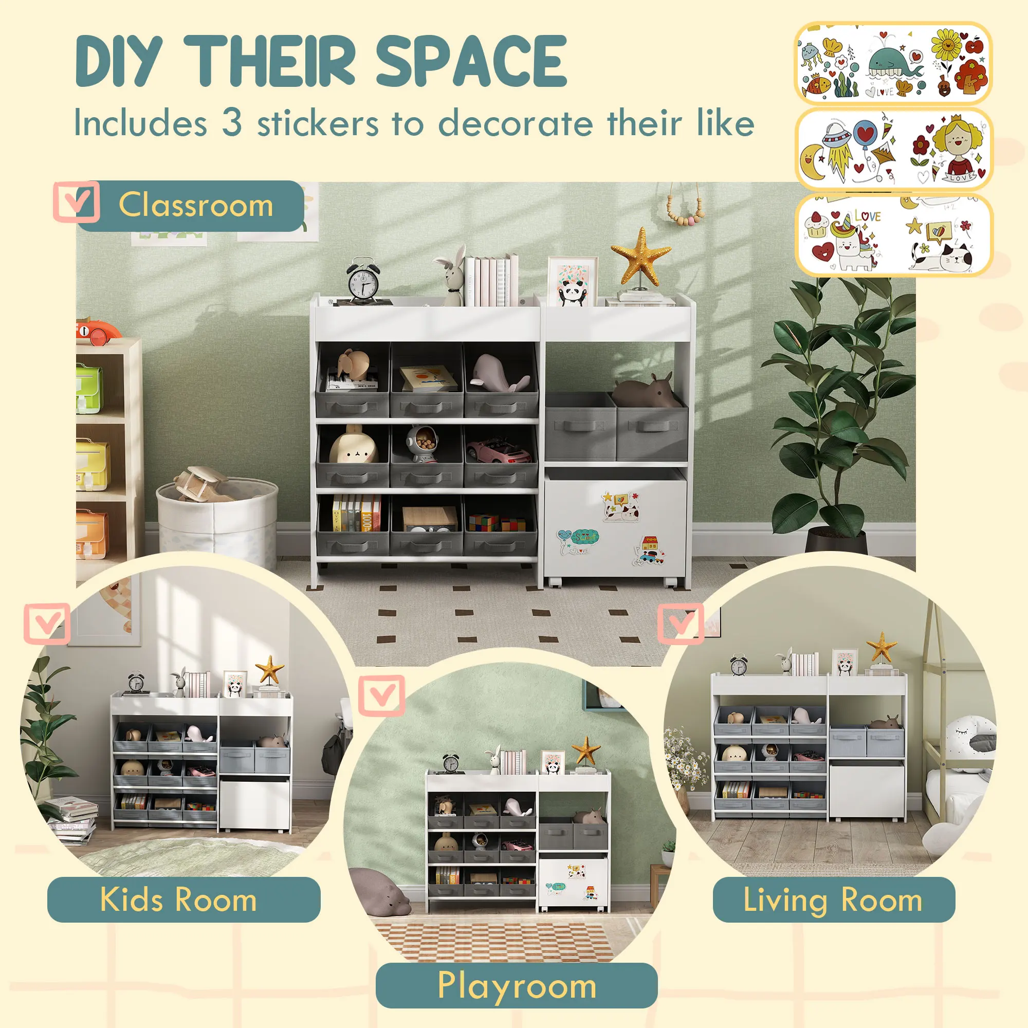 AIYAPLAY Kids Toy Storage Unit with 11 Fabric Bins, Cabinet, Top Shelves for Nursery, Playroom, Kindergarten, White