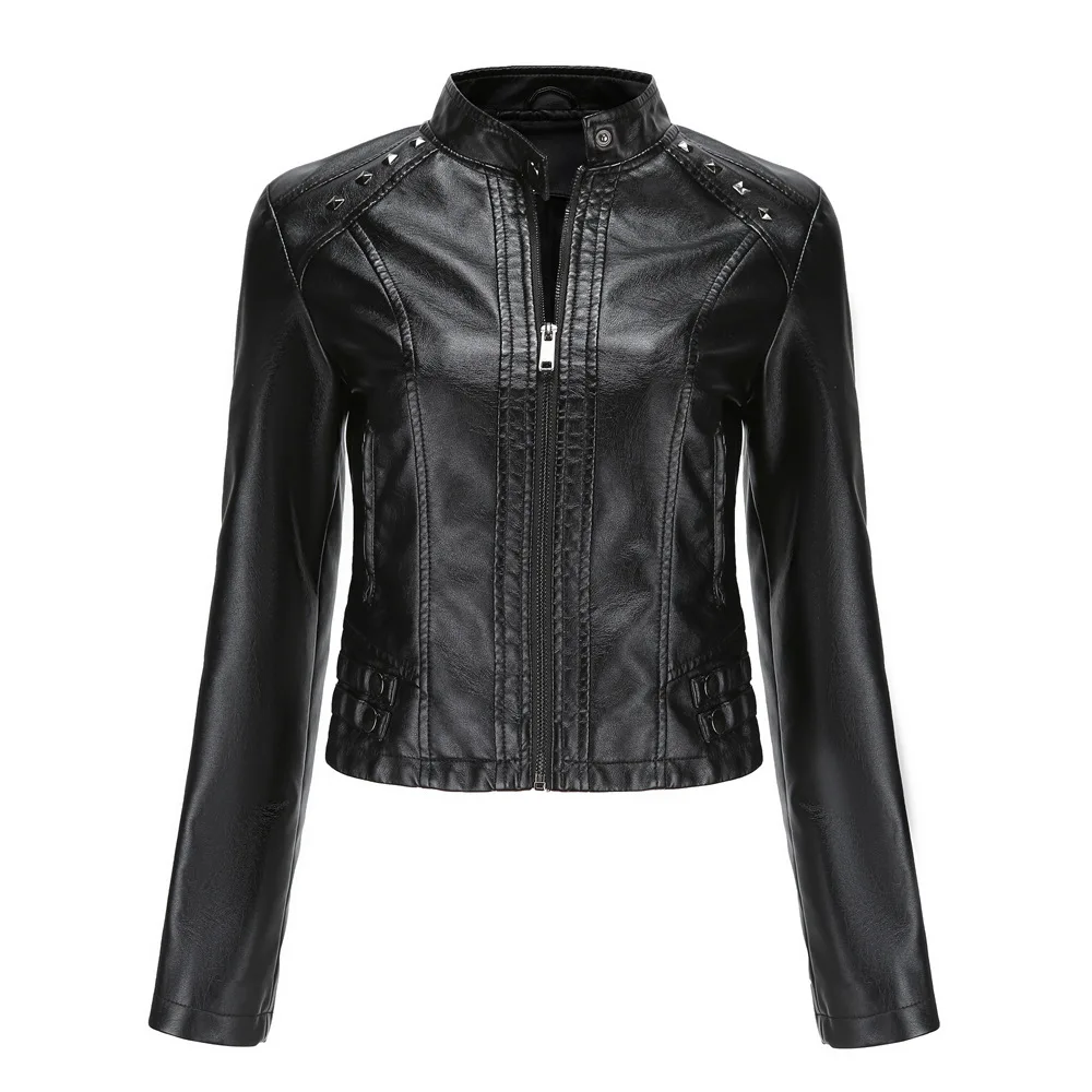 Women's Rivet PU zipper Leather Coat, Black Motorcycle Jacket, Standing Collar, Korean Punk Rock Fashion, Autumn and Winter