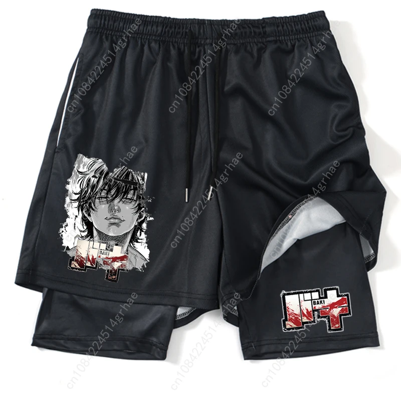 شورت رياضي مطبوع عليه الرسوم المتحركة باللون الأسود للرجال 2 في 1 شورت شبكي سريع الجفاف للرجال لكمال الأجسام واللياقة البدنية والجري سروال قصير صيفي