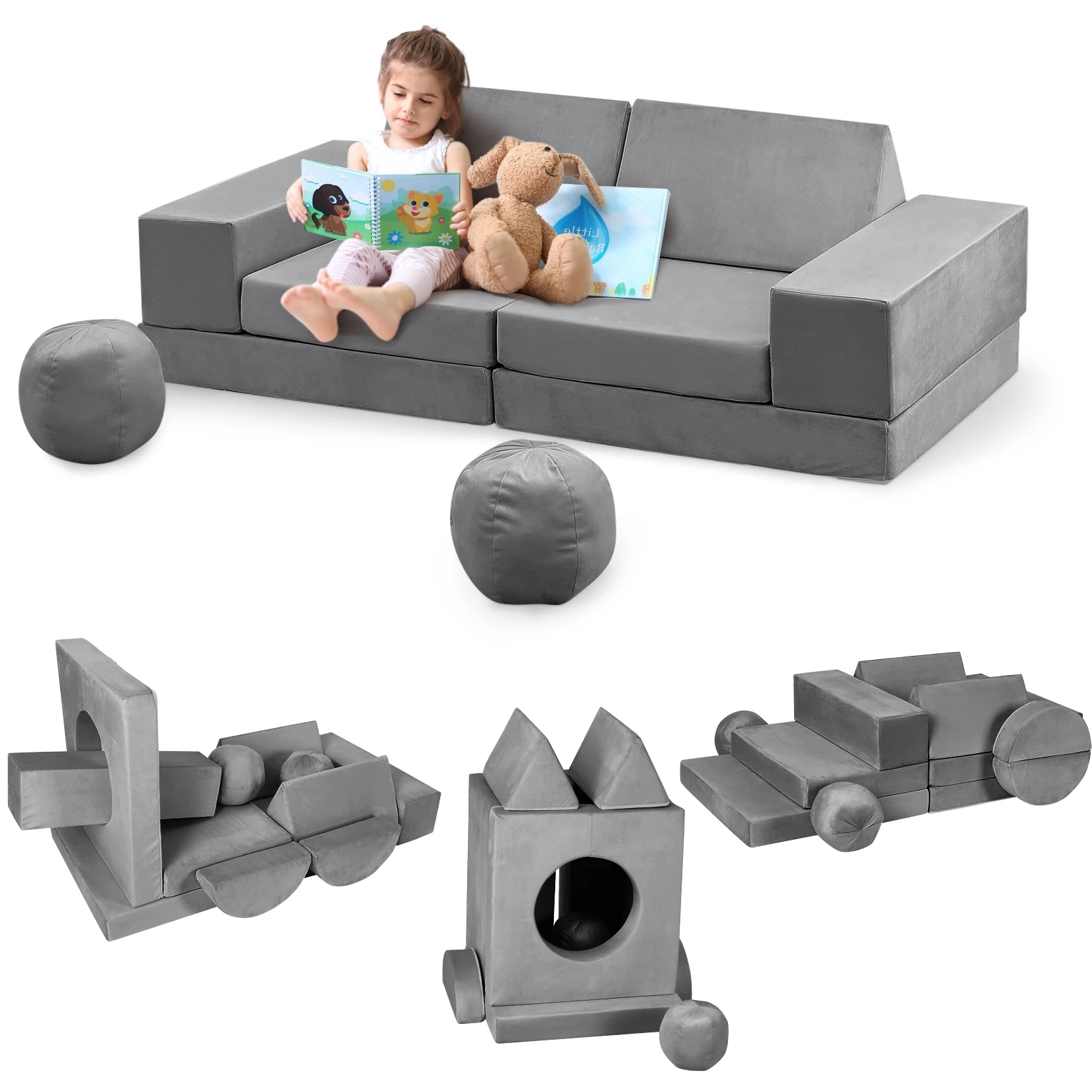 12-teiliges Modulares Kinder-Spielsofa DIY Sektionales Zusammenklappbares Kleinkind-Sofa-Set für Spielzimmer Schlafzimmer Kinderzimmer, Abnehmbarer Bezug