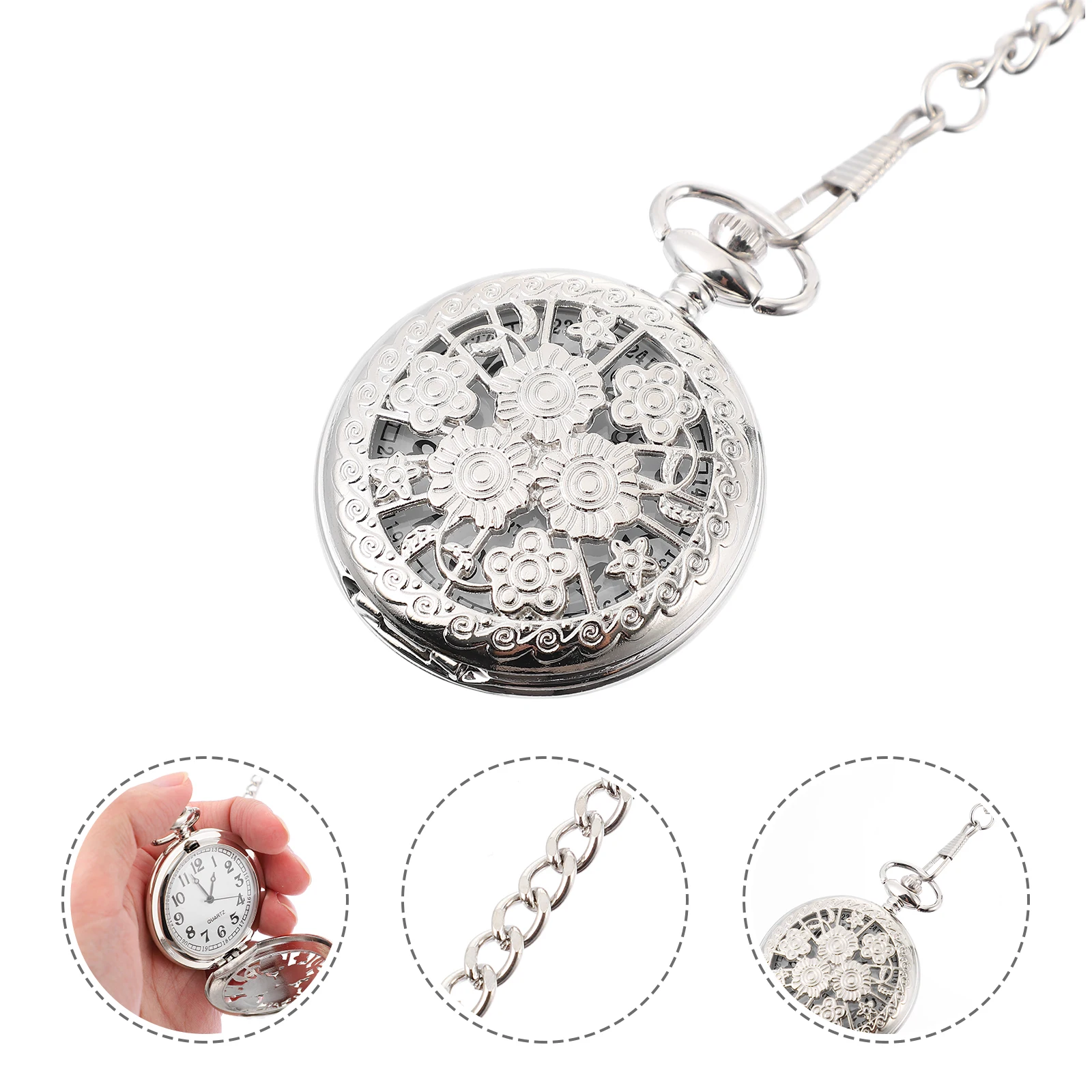 

Pocket Watch Vintage Hollow Pocket Watch Flower Relief Quartz Silver Alloy Men Watches Lightweight Gift Elegant Design