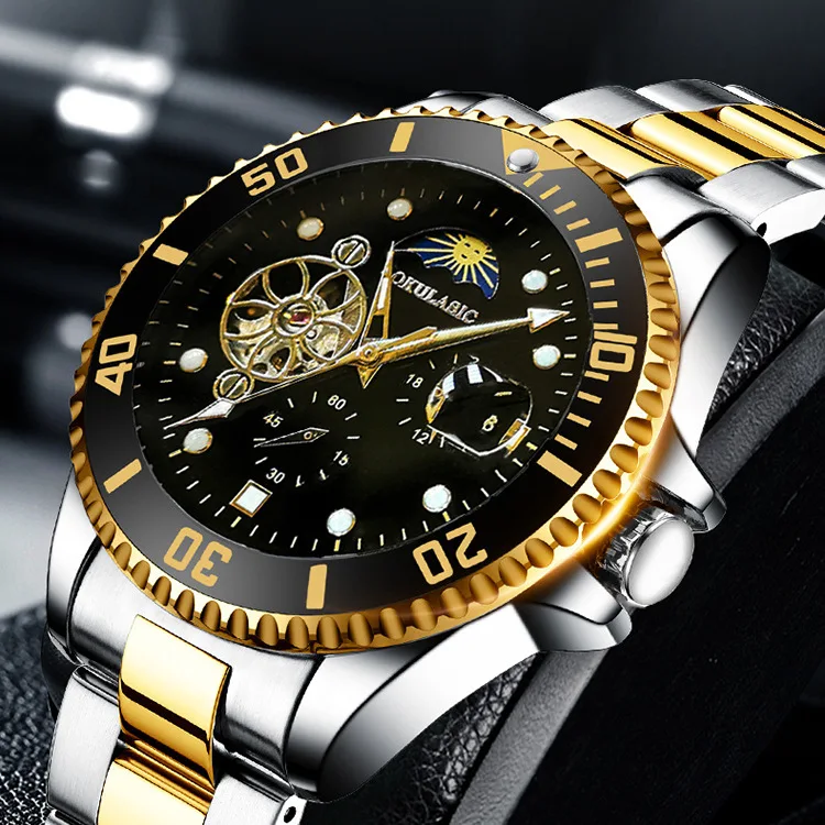 

Stainless Steel New Rotating Crown Moonphase Luminous Skeleton Waterproof Self-Wind Automatic Watch for Men