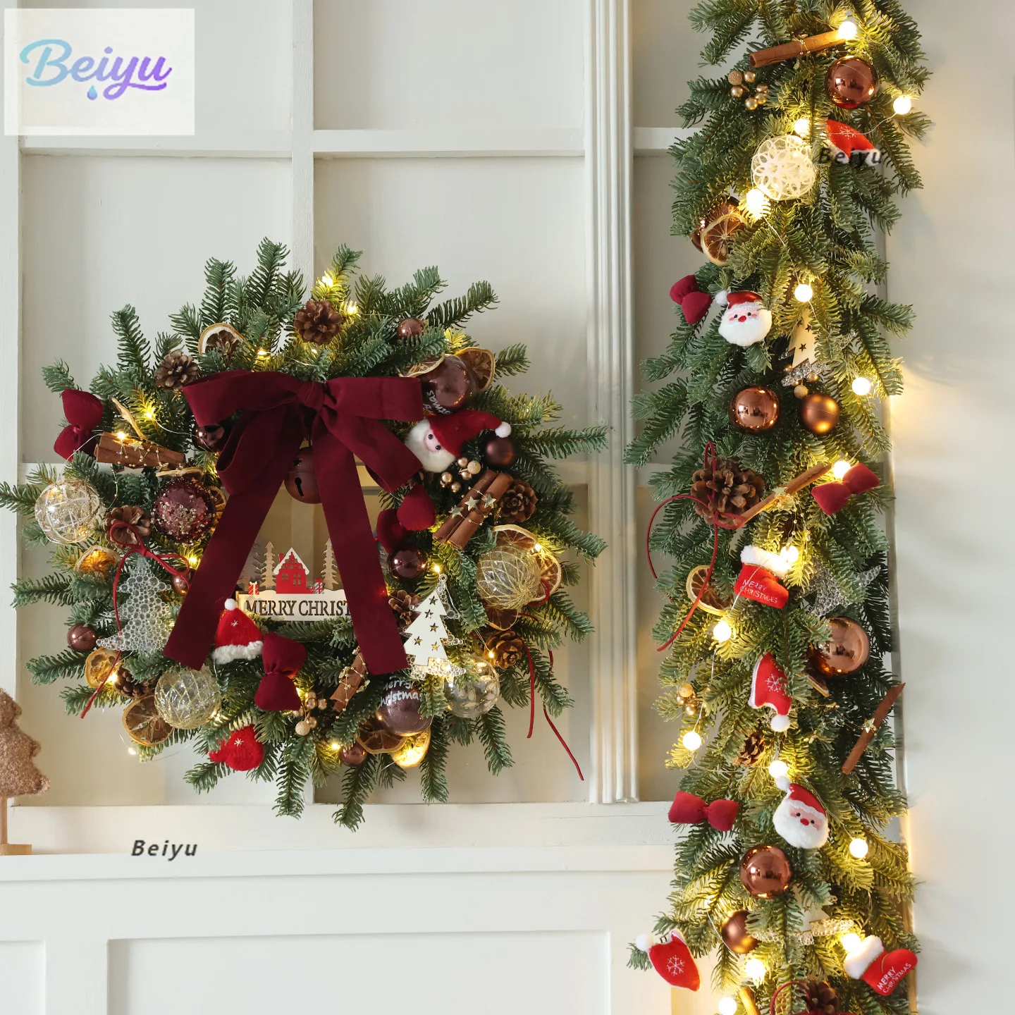 Christmas rattan wreath door hanging ornament shopping mall window festive atmosphere scene arrangement natural pine cone bell d