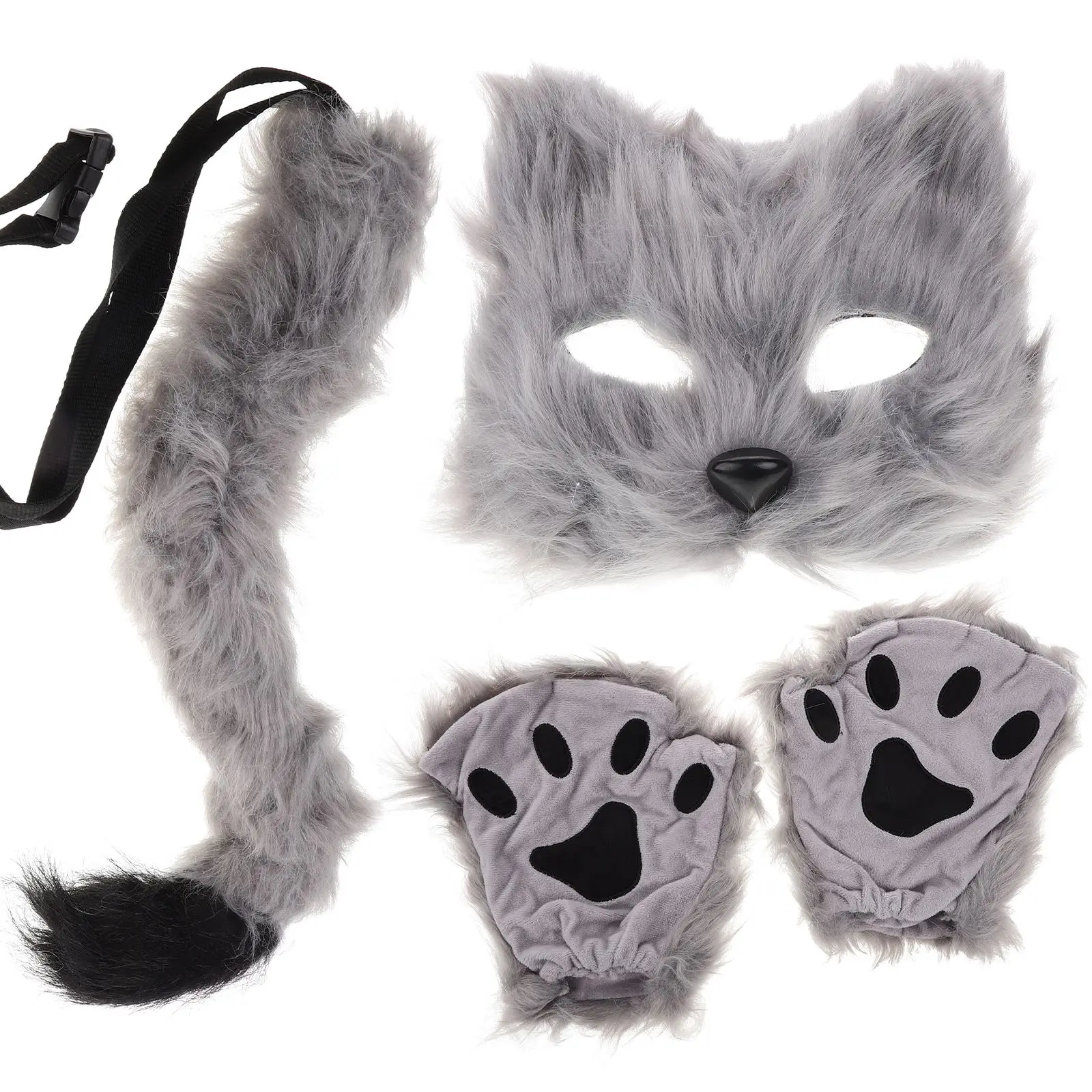 

3pcs Hot Sale Fluffy Fur Fox Tail Cat Paws Gloves And Wolf Mask Set For Halloween Cosplay Costume Accessories Mask Sets