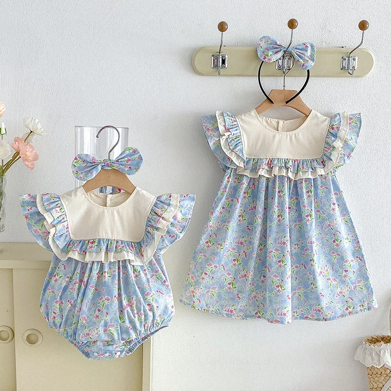 2026 New Summer Sister Clothing 2-7Yrs Baby Girl Party Dress Flying Sleeve Cotton Printed Baby Romper Kids Princess Dresses