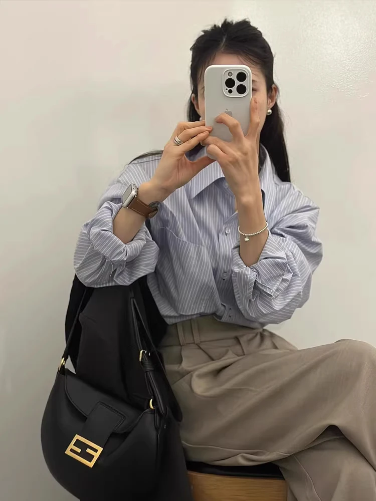 

Женская полоска irt Chic, многослойный дизайн ранней весны, длинный све, отложной воротник, винтажная внутренняя одежда, свободный корейский слей