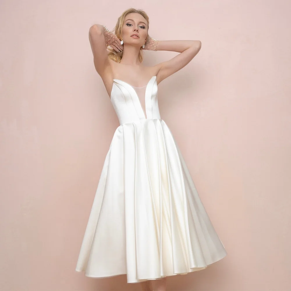 

Short Wedding Dress Ivory Satin Deep V Neck A Line Simple Gowns for Women 2023 Bride Sleeveless Tea Length Bridal