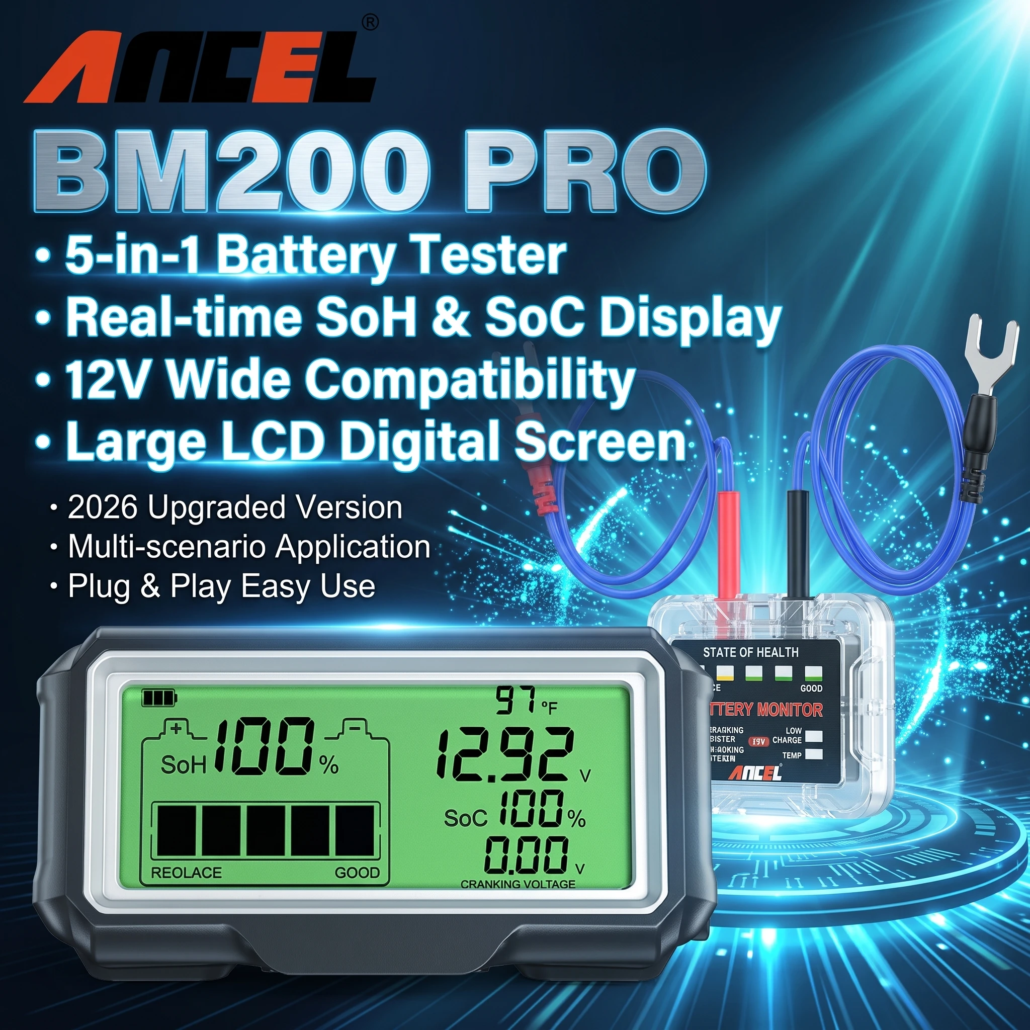 ANCEL BM200 PRO 12V LED Car  Battery Tester Monitor Head-Up Display Battery Health Analyzer SOH SOC Charging Tester Tools