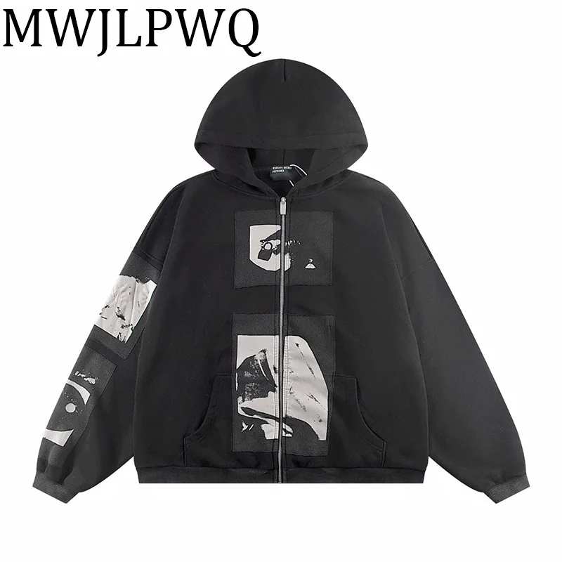 

MWJLPWQ Patch Niche Design Male Sweatershirt High Street Zipper Loose Hooded Cardigan Coat Casual Long Sleeve Autumn Top 010530