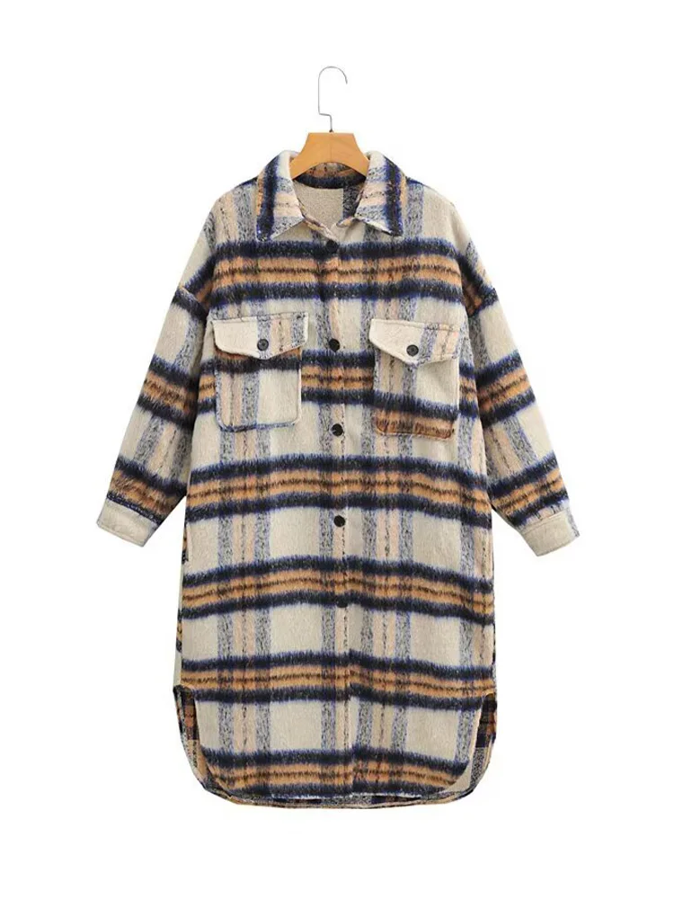 Damski płaszcz zimowy z długim rękawem, kołnierzem, zapinany na jeden guzik, z kieszeniami, dekoracyjny, wełniany, długi płaszcz damski, ciepły płaszcz w kratę do pracy.